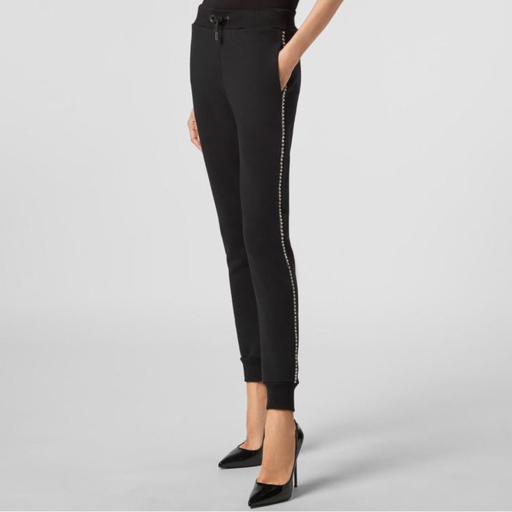 NWT Philipp Plein M Crystals Joggers Pant Trousers Emebllished Logo Black Cotton
